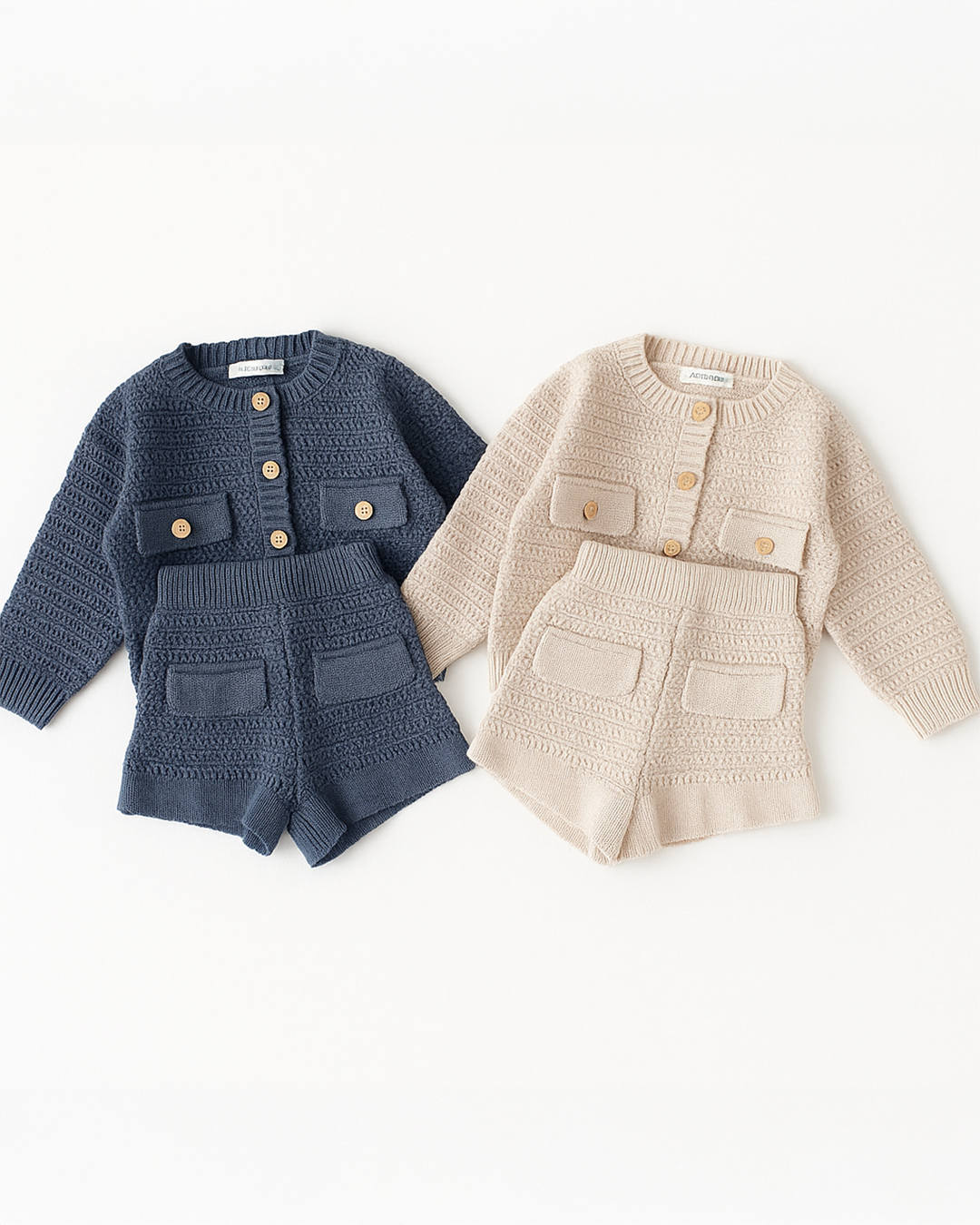 Conjuntos infantis em tricô waffle nas cores azul jeans e bege com botões de madeira