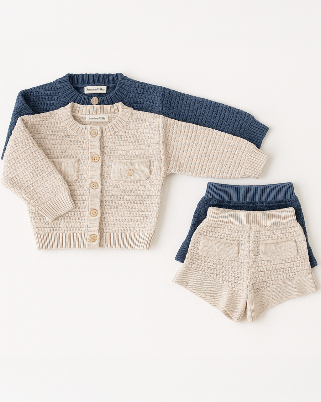 Frente e costas dos conjuntos infantis de tricô nas cores azul e bege
