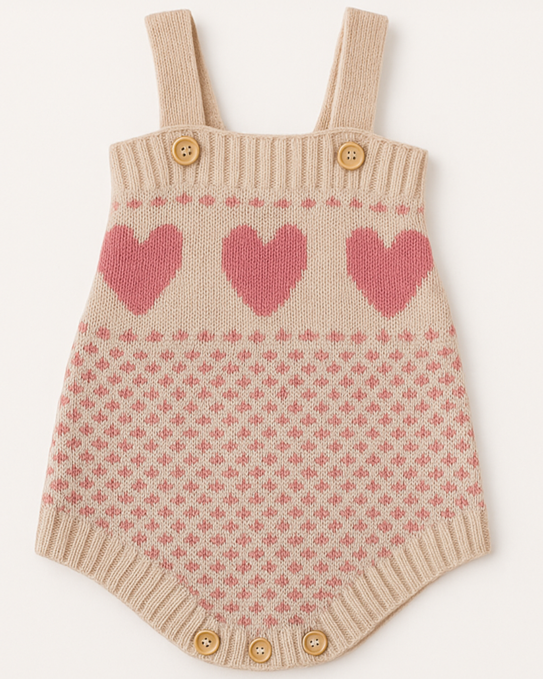 Body infantil em tricot com estampa de corações rosa e fechamento por botões