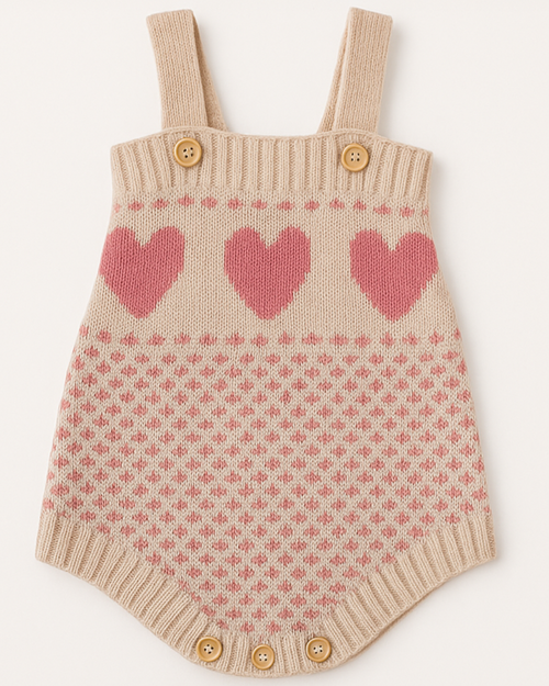 Body infantil em tricot com estampa de corações rosa e fechamento por botões