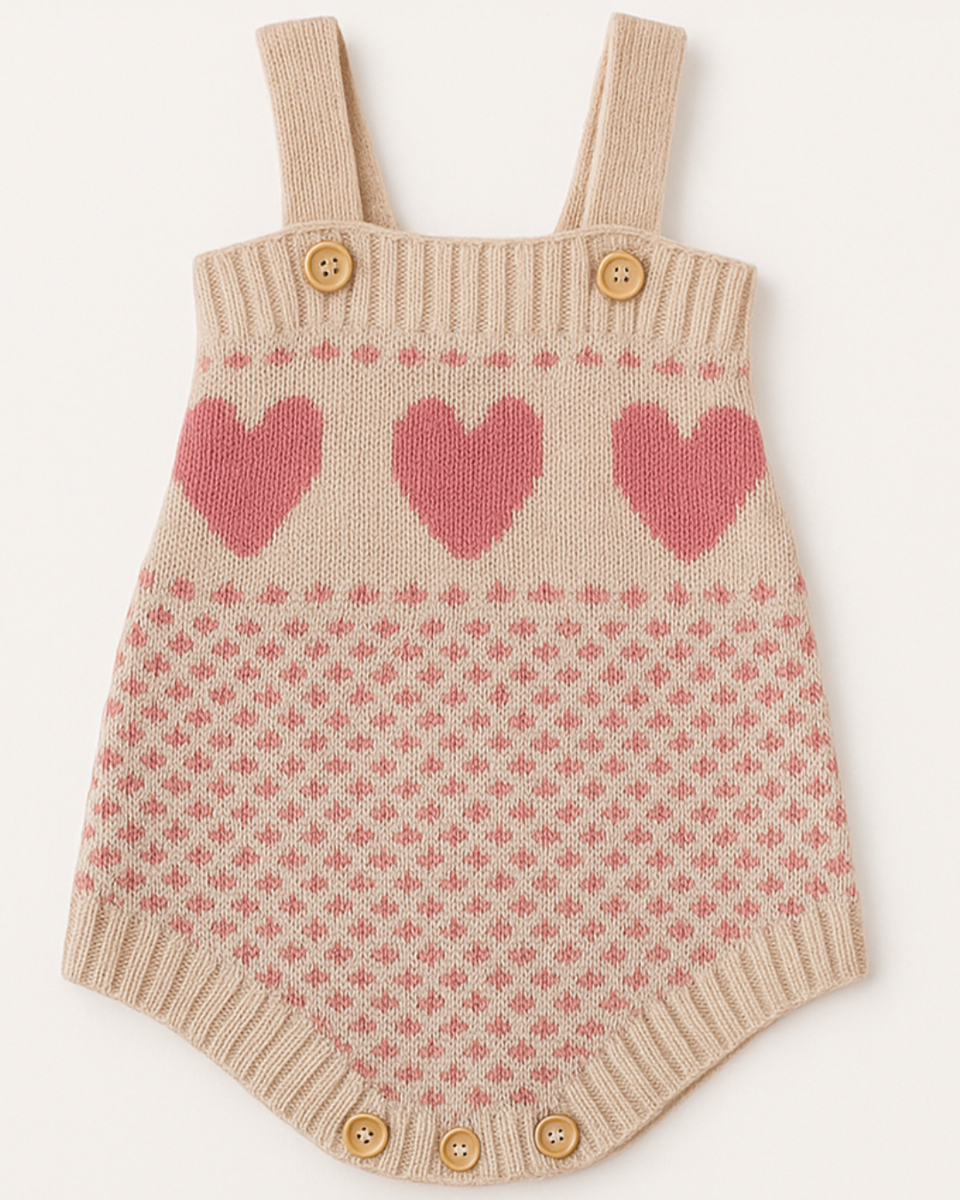 Body infantil em tricot com estampa de corações rosa e fechamento por botões