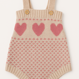 Macacão Tricot Infantil Bege com Corações Rosados