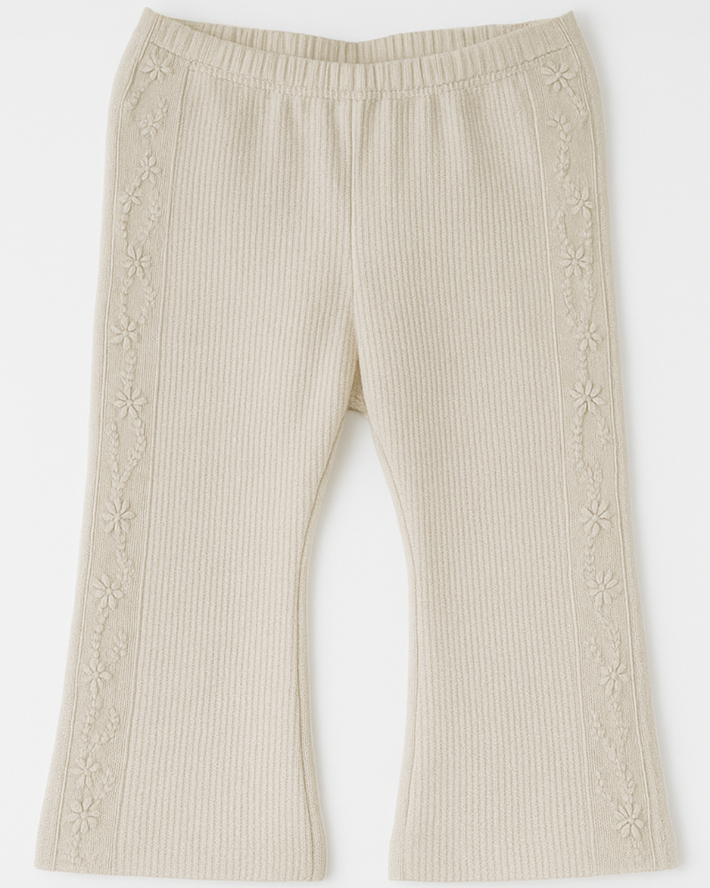 Calça flare infantil bege com textura canelada e bordado floral nas laterais