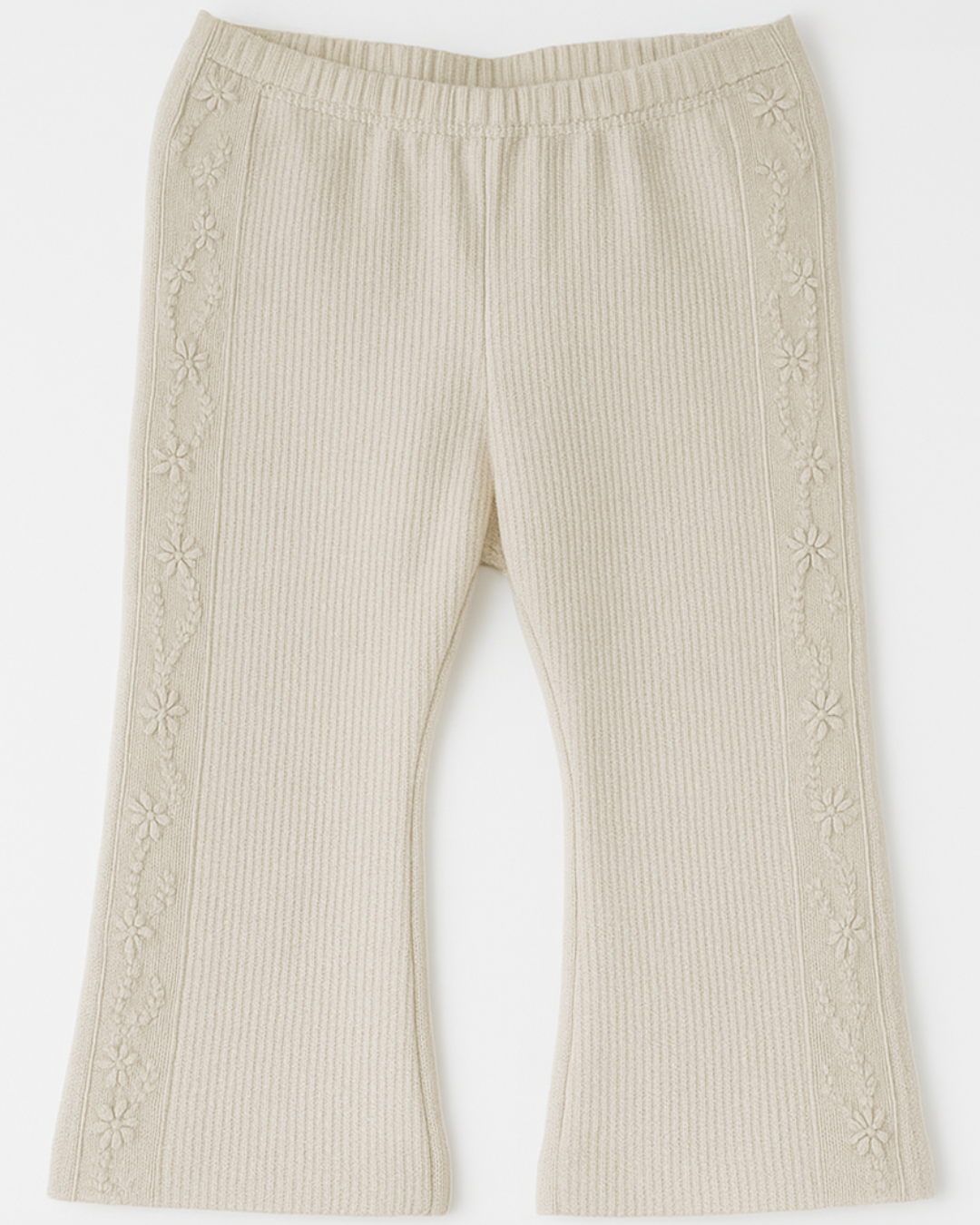 Calça flare infantil bege com textura canelada e bordado floral nas laterais