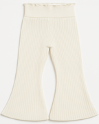 Calça infantil feminina off-white em malha canelada com modelagem flare e cós confortável.