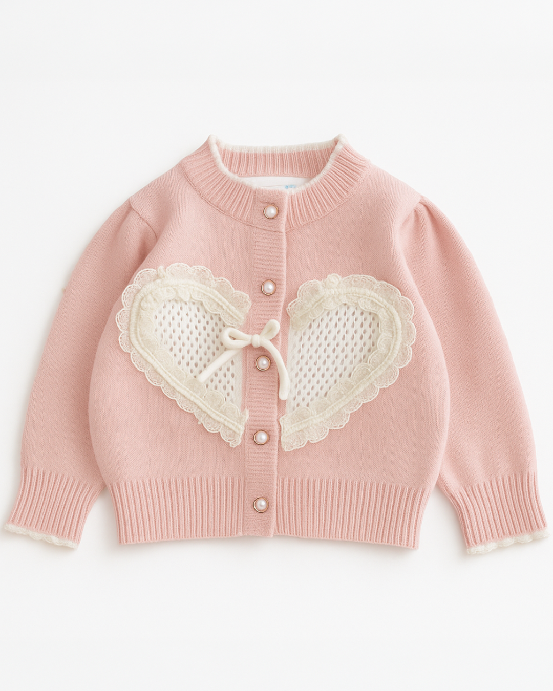 Cardigan infantil feminino rosa com aplicações em formato de coração, detalhes em renda e botões perolados.