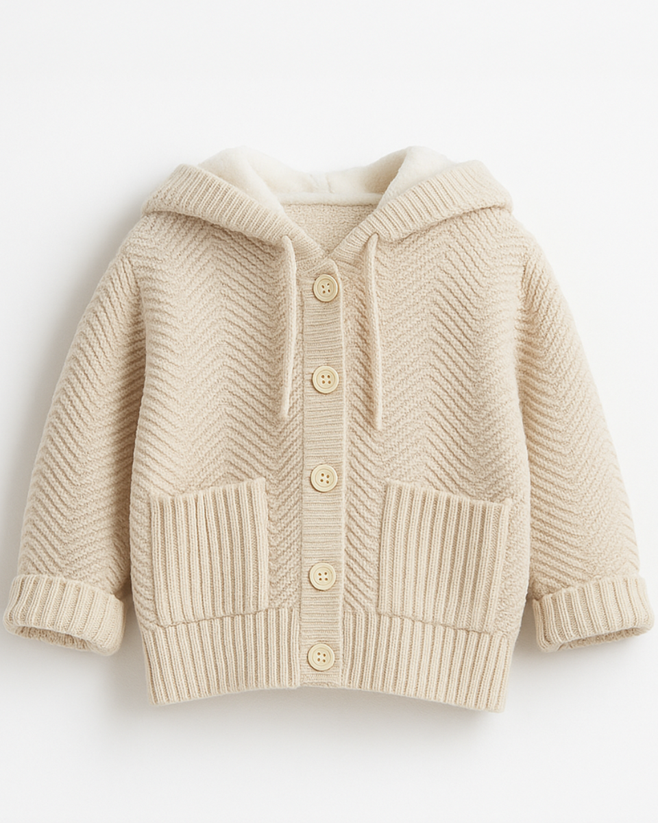 Cardigan infantil de tricô bege com capuz, botões e bolsos frontais, para proteger com carinho e muito estilo.