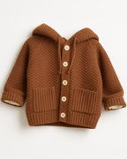 Cardigan infantil de tricô marrom com capuz e botões, ideal para dias fresquinhos com estilo e conforto.
