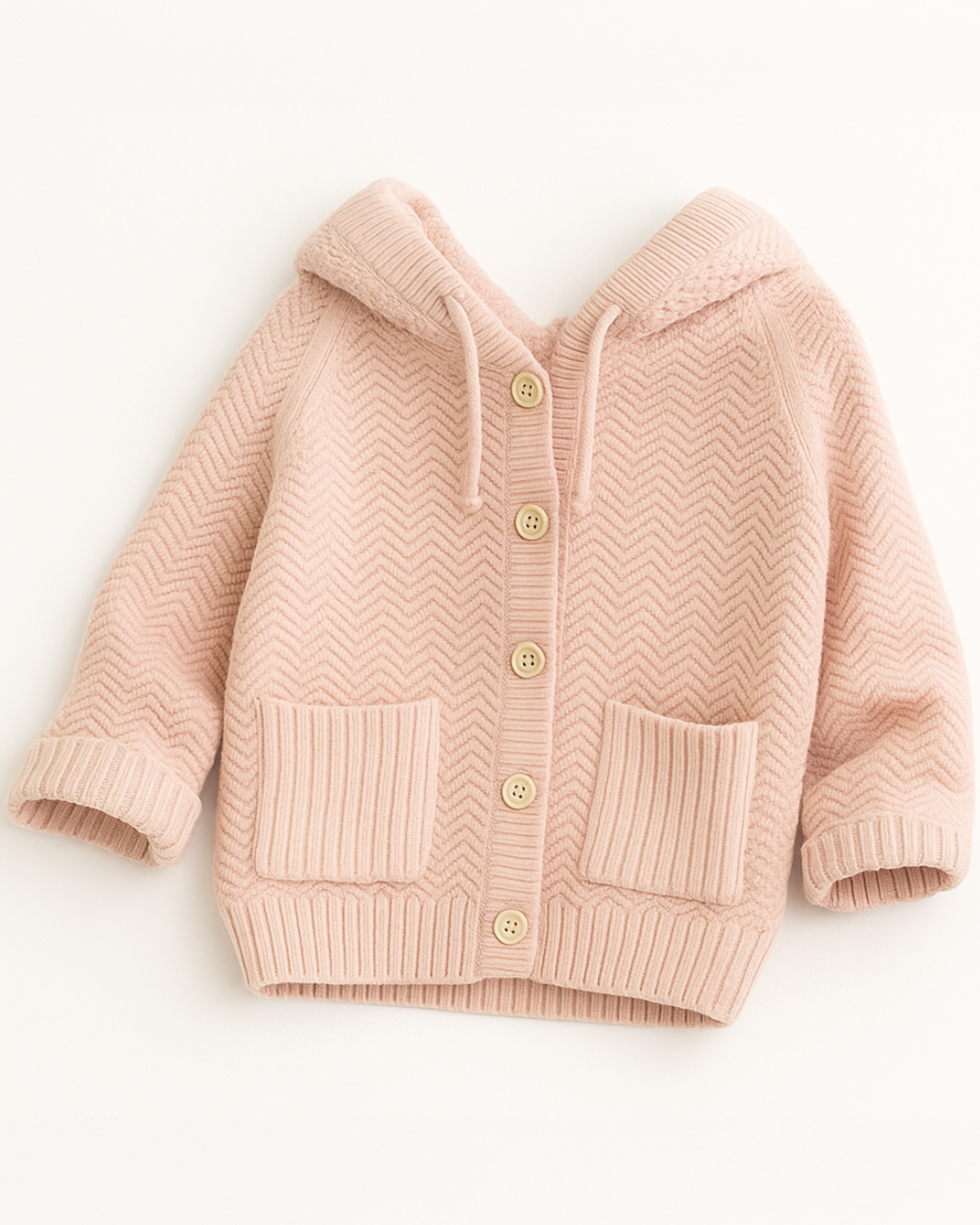 Cardigan infantil de tricô rosa claro com capuz e botões, perfeito para deixar sua pequena aquecida com delicadeza.