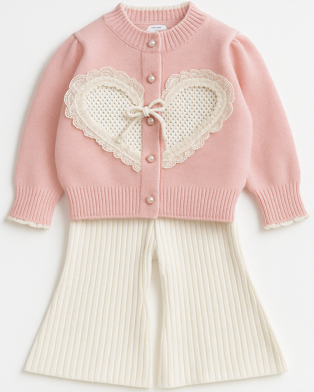 Conjunto infantil feminino com cardigan rosa de tricô com aplicação de coração rendado e calça off-white de malha canelada.