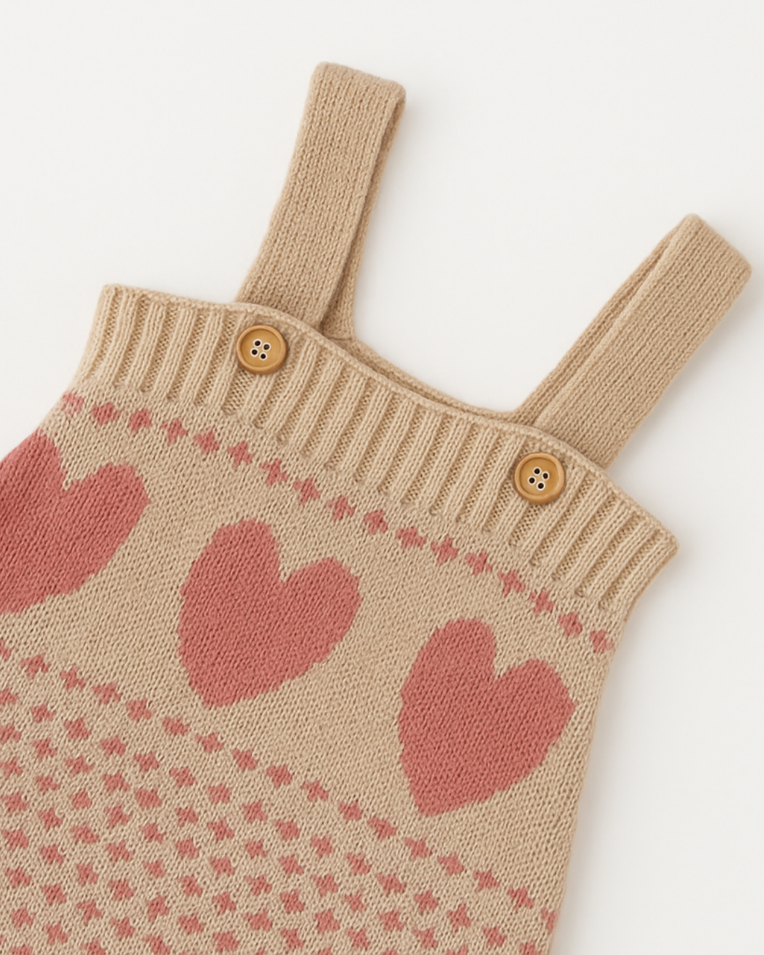 Detalhe da alça do body infantil em tricot com botões e estampa de corações