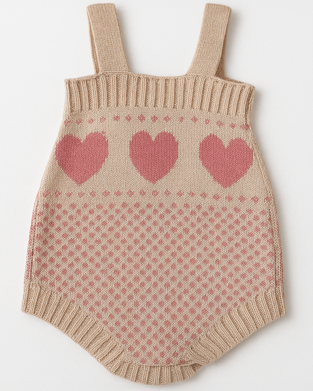Vista frontal do body em tricot para bebê com alças e corações rosa