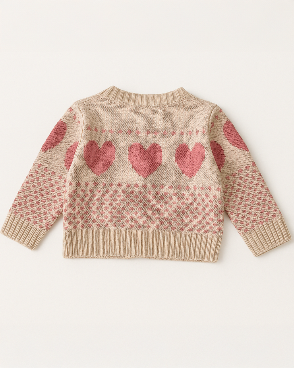 Macacão de tricô para bebê, com padrão de corações e pontos delicados em rosa sobre fundo bege. Modelo confortável e charmoso.