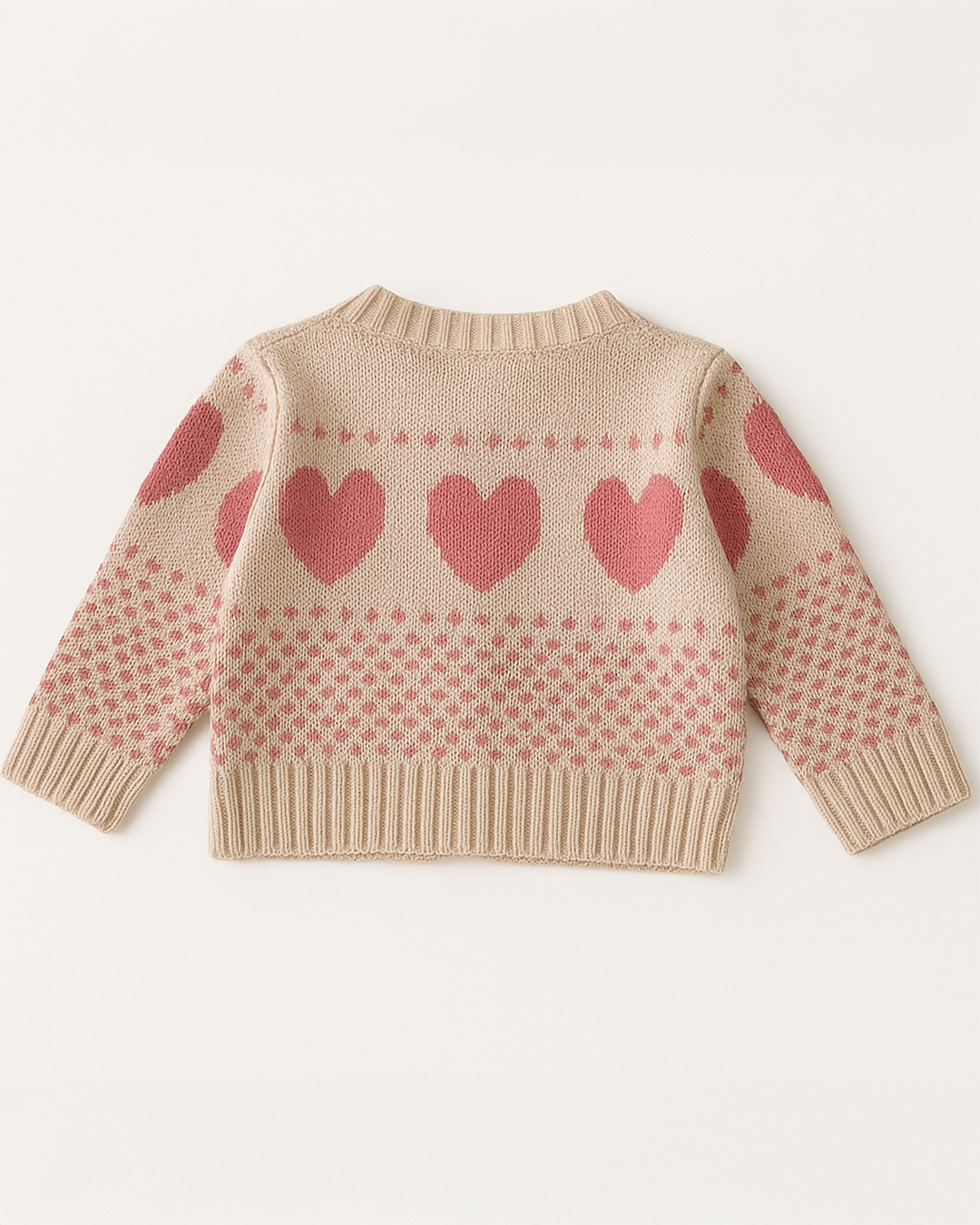 Macacão de tricô para bebê, com padrão de corações e pontos delicados em rosa sobre fundo bege. Modelo confortável e charmoso.