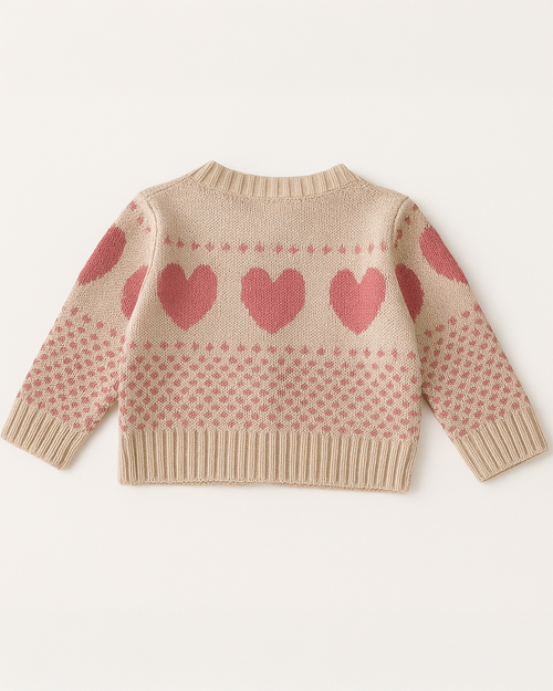 Macacão de tricô para bebê, com padrão de corações e pontos delicados em rosa sobre fundo bege. Modelo confortável e charmoso.
