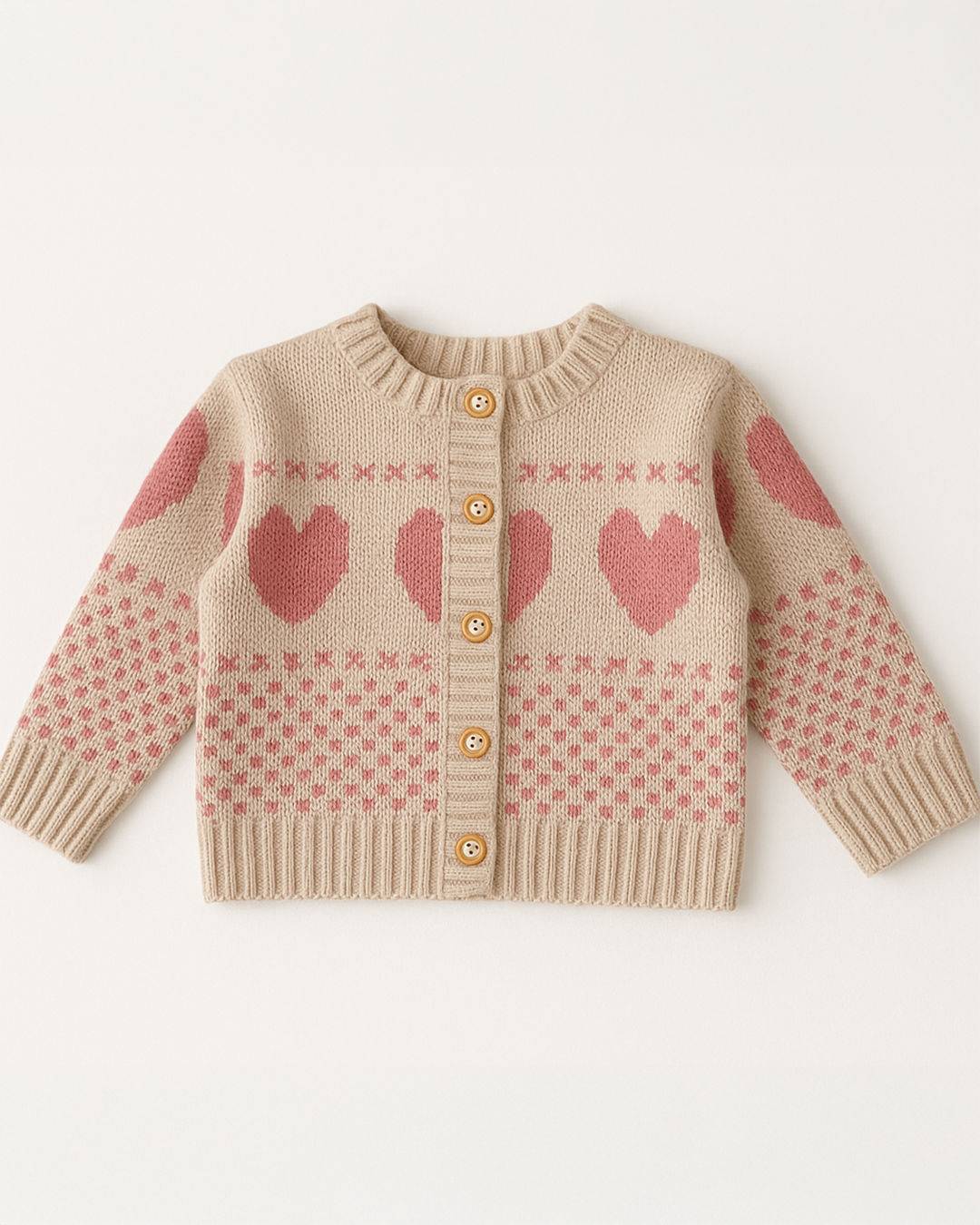 Macacão infantil feminino de tricô, com botões funcionais na parte inferior e estampa de corações em rosa.