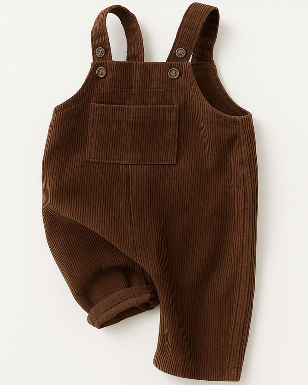 Macacão de bebê em tricot cor caramelo, com bolsinho no peito, alças ajustáveis e tecido macio