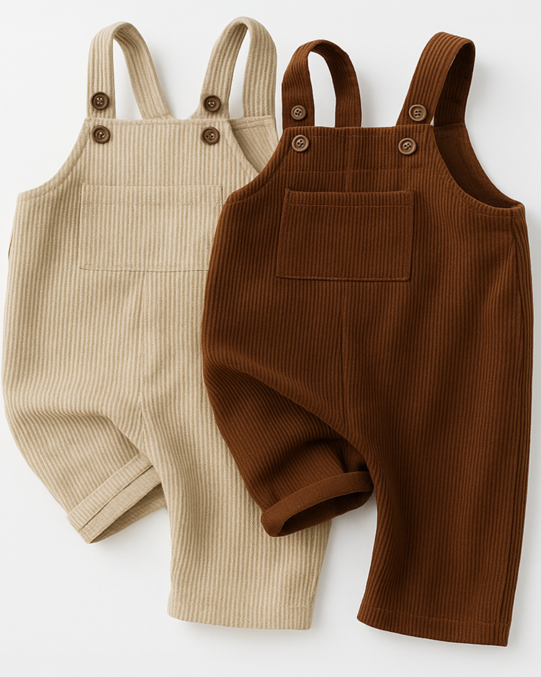 Macacão bebê em tricot nas cores caramelo e bege, com alças ajustáveis e bolsinho frontal, estilo casual e confortável