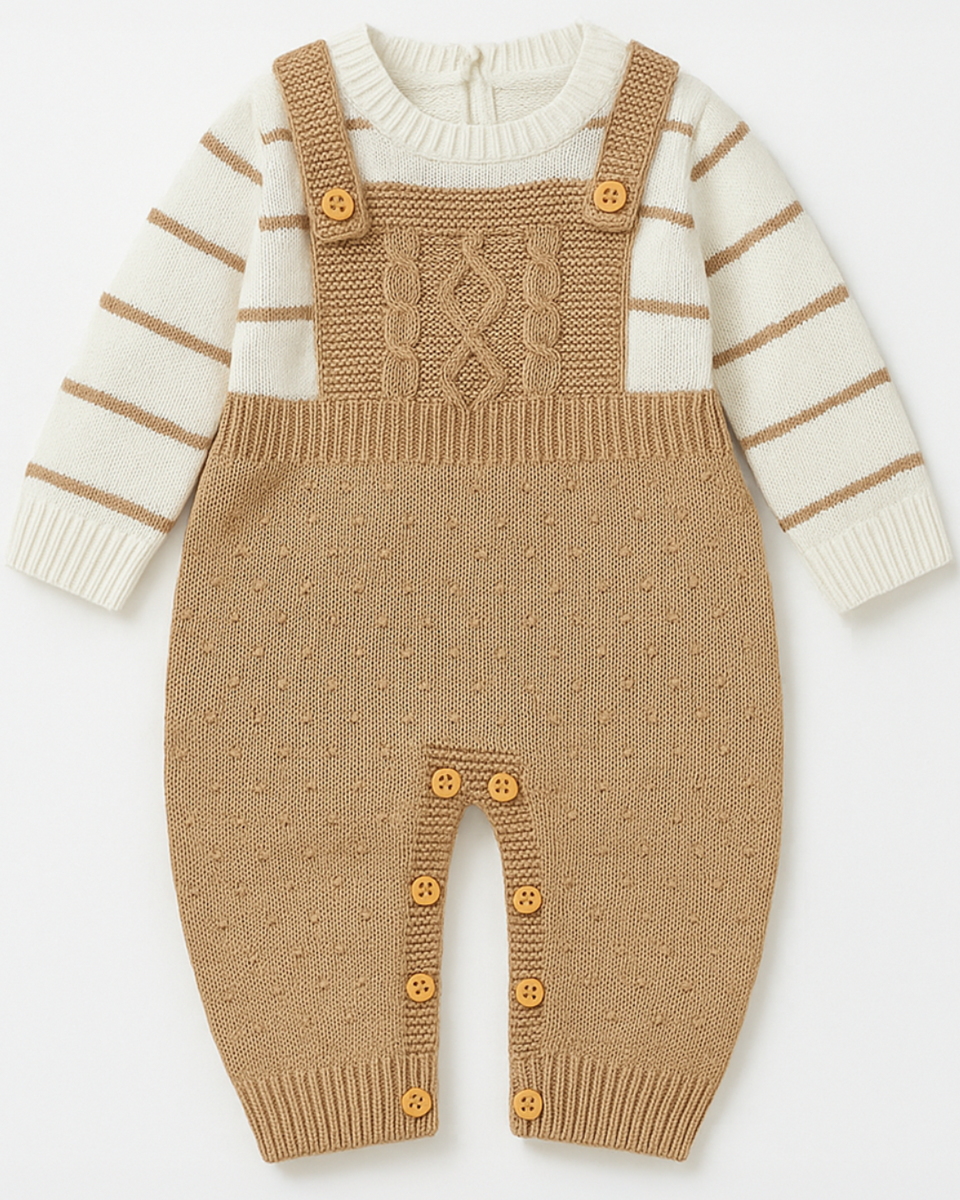 Macacão infantil de tricot bege com blusa listrada e peitoral trançado