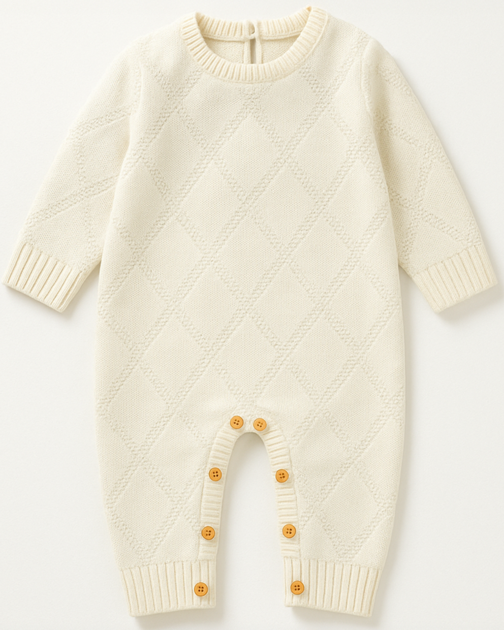 Macacão de bebê em tricot off-white com estampa de diamantes e botões