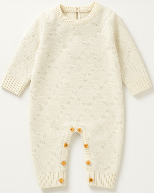 Macacão de bebê em tricot off-white com estampa de diamantes e botões