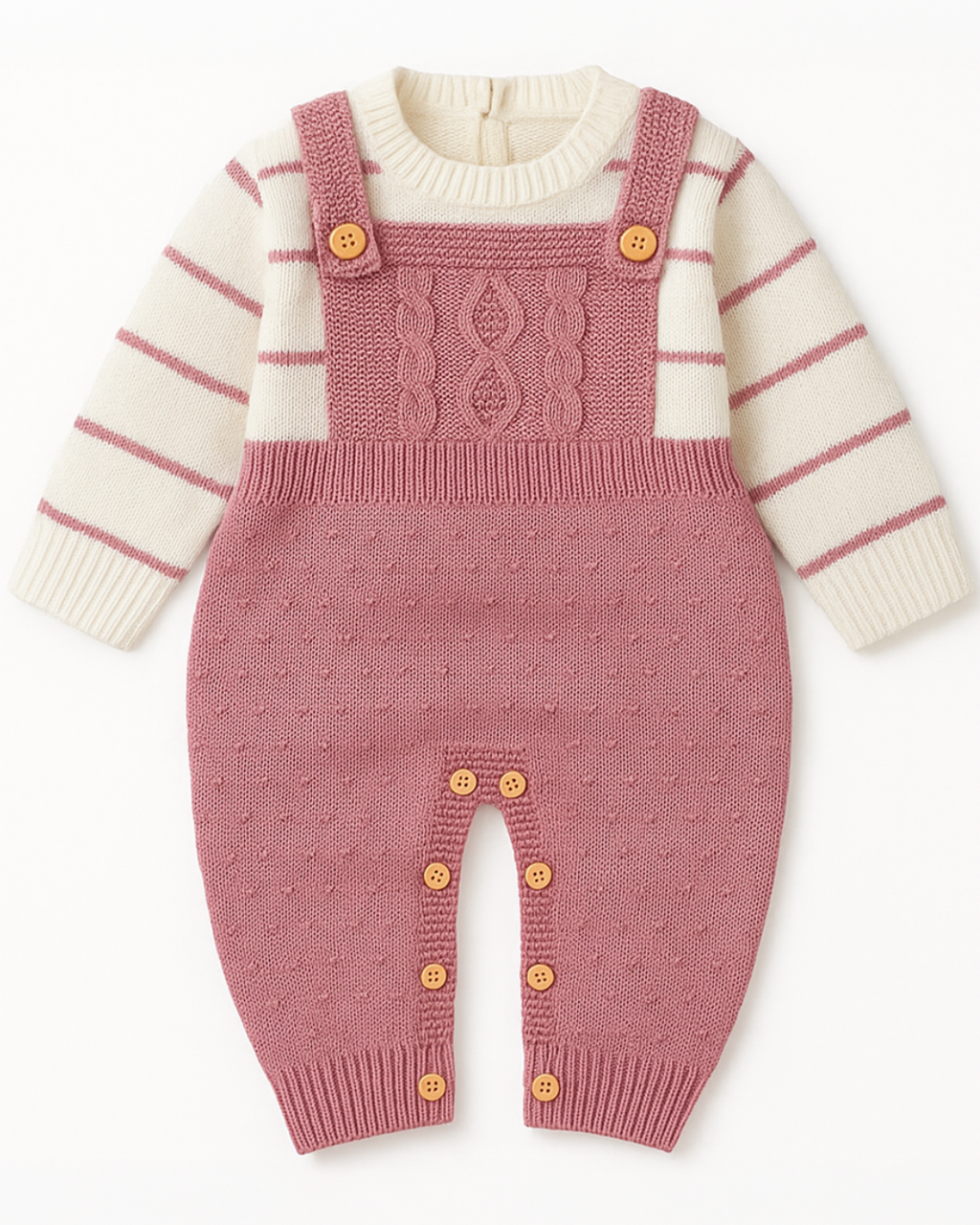 Macacão infantil de tricot rosa com peitoral trançado e blusa de listras creme