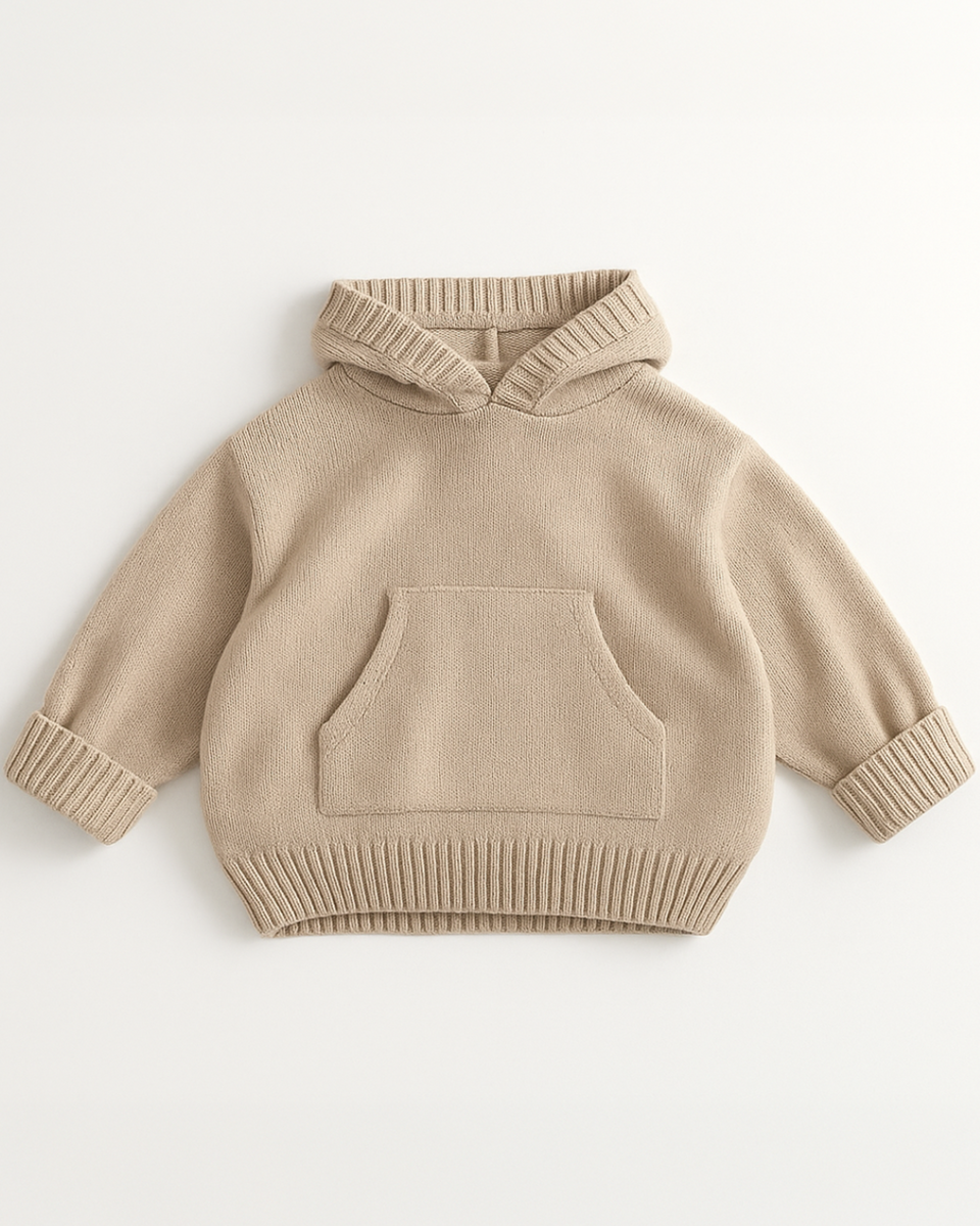 Moletom de tricô bege claro para bebês e crianças com capuz e acabamento canelado – Élior Kids