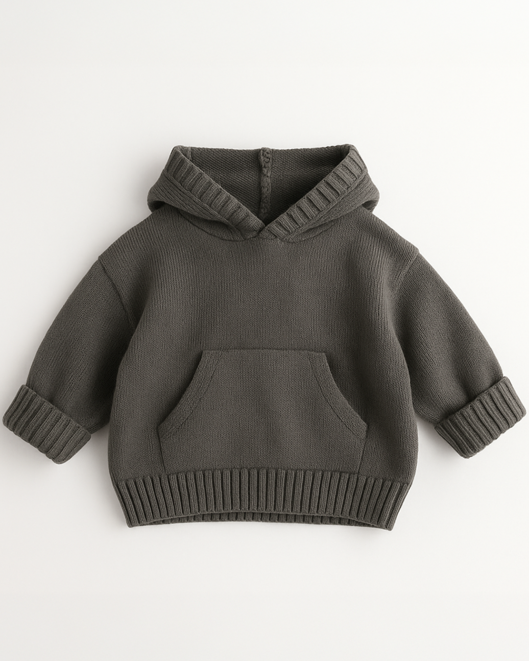 Moletom infantil de tricô na cor grafite com capuz e bolso frontal, estilo confortável – Élior Kids