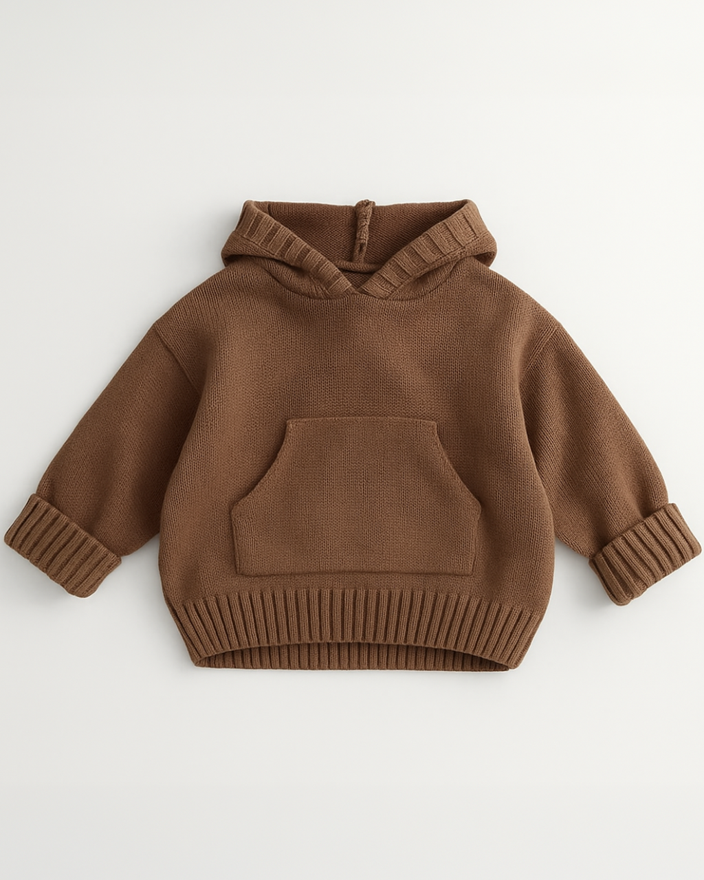 Moletom de tricô marrom infantil com capuz, punhos ajustados e bolso canguru – Élior Kids