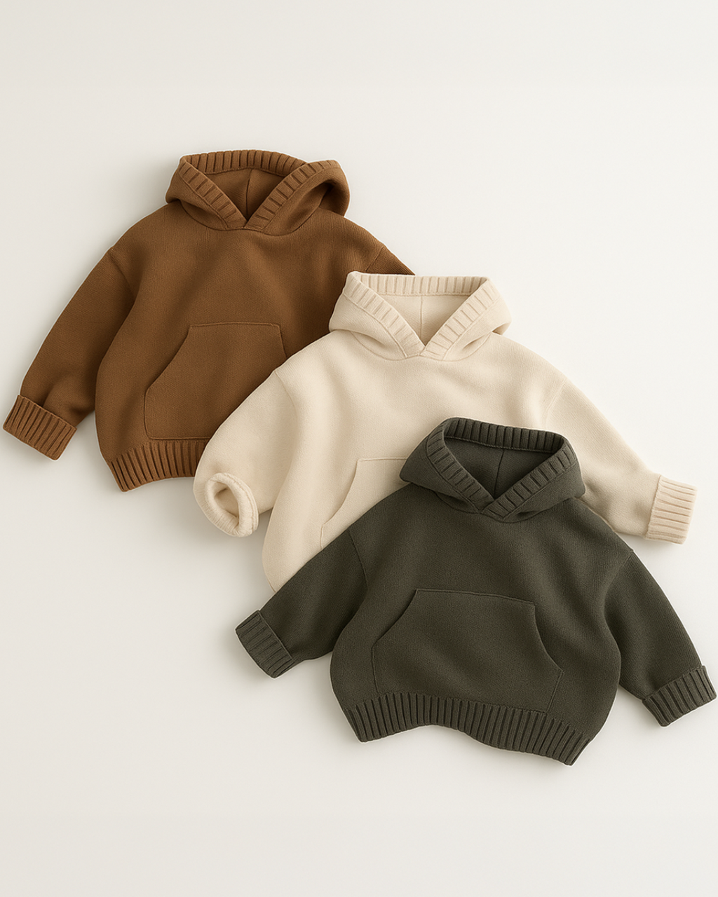 Três moletons infantis de tricô com capuz e bolso canguru nas cores marrom, bege claro e grafite – Élior Kids