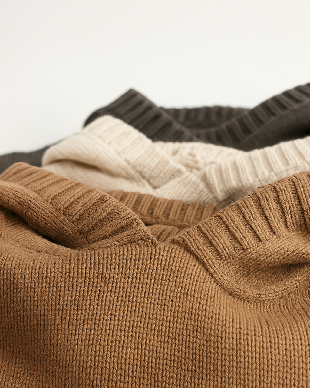 Detalhe das golas dobradas dos moletons infantis de tricô com capuz nas cores marrom, bege e grafite – Élior Kids