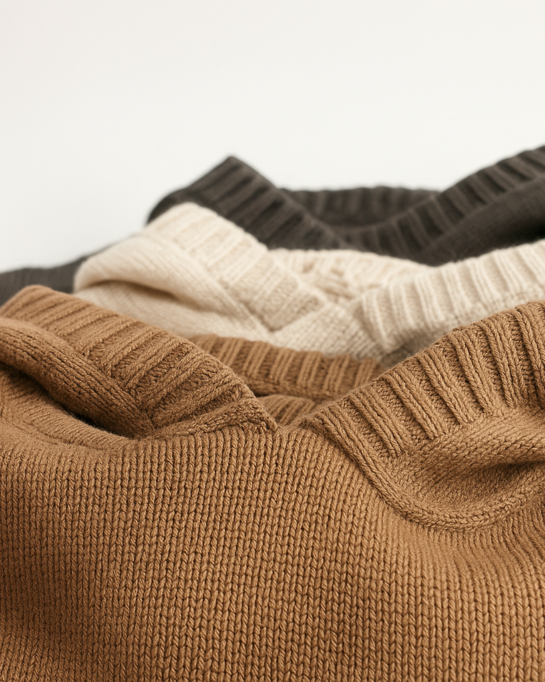 Detalhe das golas dobradas dos moletons infantis de tricô com capuz nas cores marrom, bege e grafite – Élior Kids