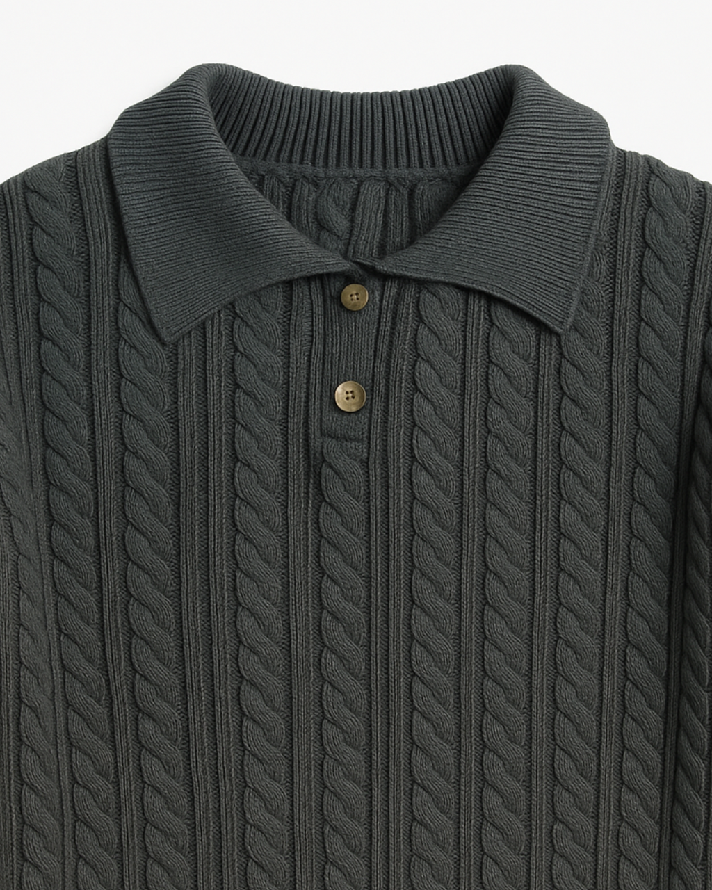 Suéter infantil de tricô na cor grafite com gola polo e botões, detalhe frontal das tramas – Élior Kids