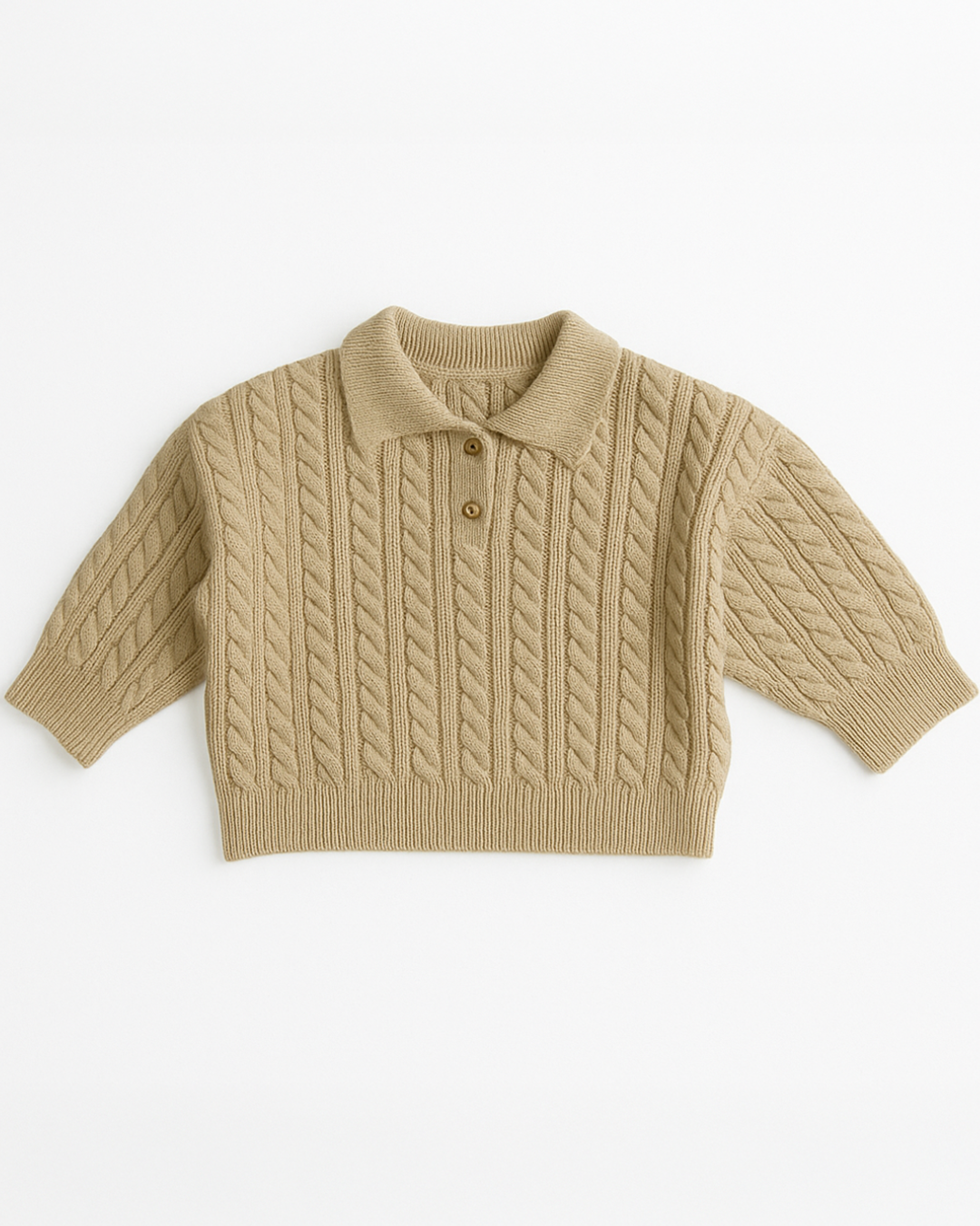Suéter infantil de tricô masculino na cor bege claro, com gola polo, manga longa e botões – Élior Kids