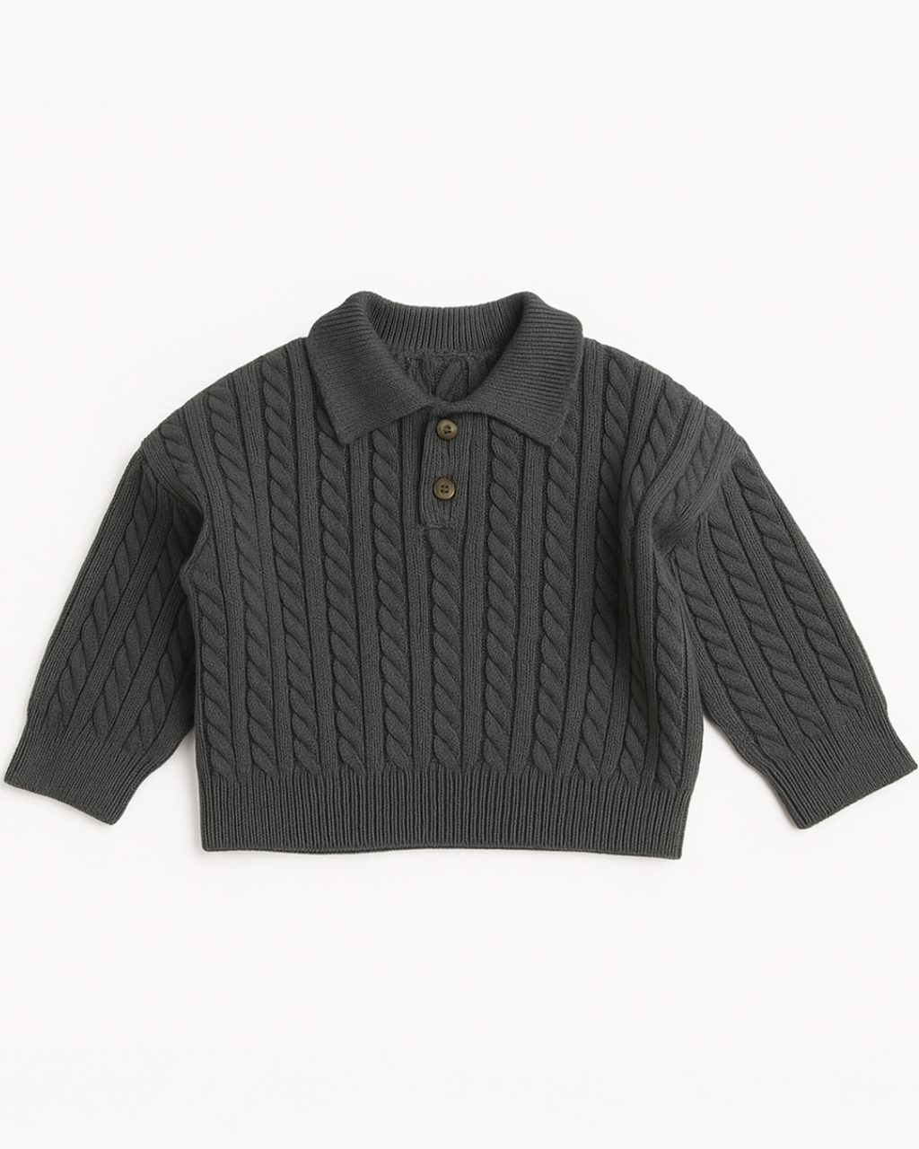 Suéter infantil de tricô masculino na cor grafite, com gola polo, botões e mangas longas – Élior Kids