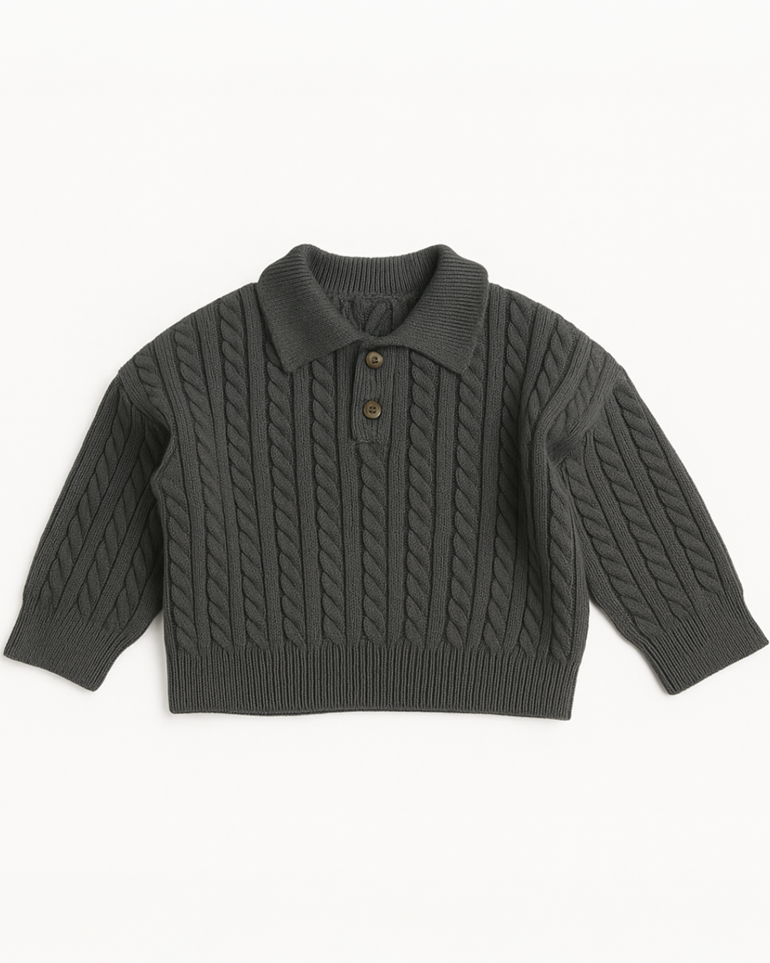 Suéter infantil de tricô masculino na cor grafite, com gola polo, botões e mangas longas – Élior Kids