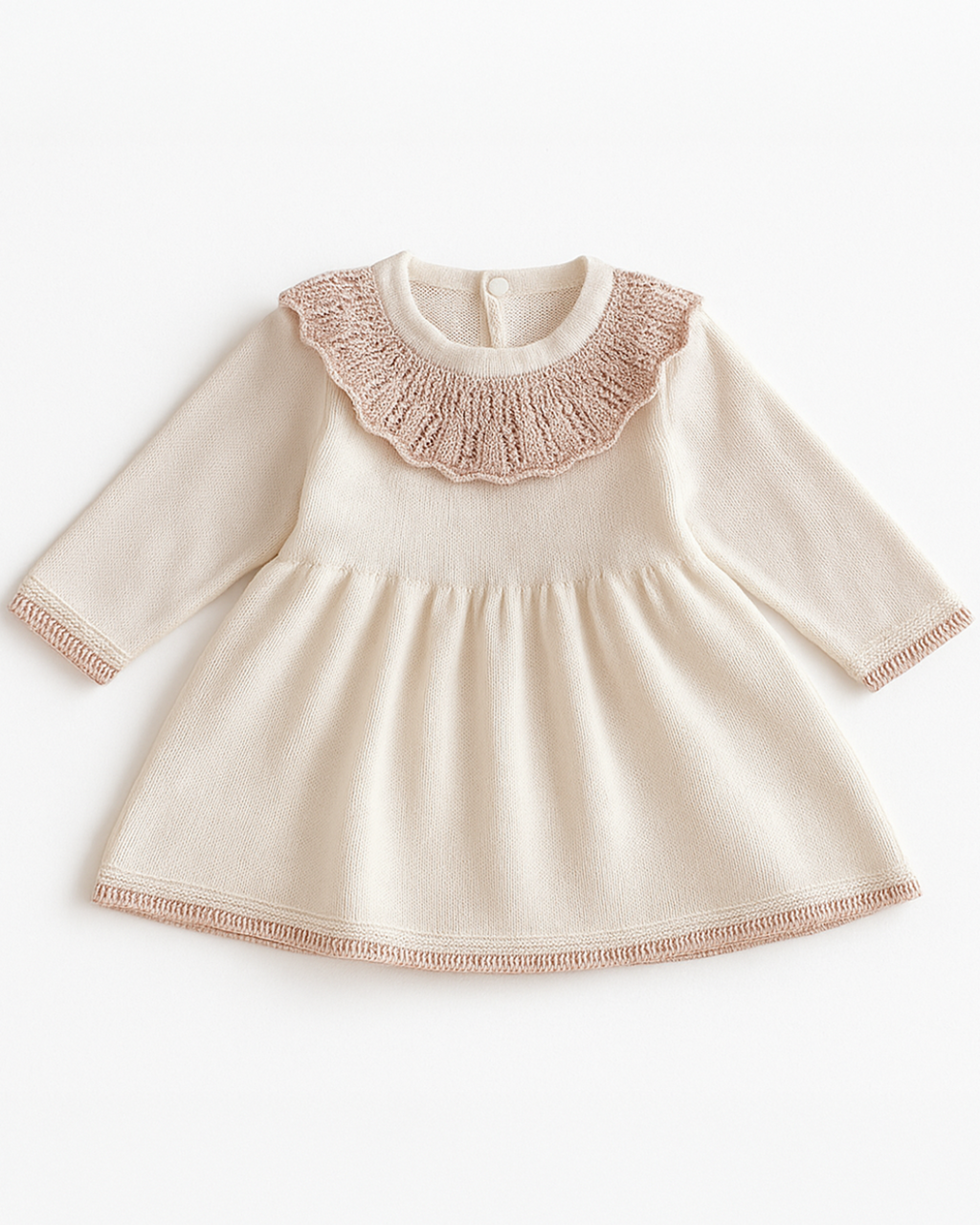 Vestido de bebê em tricot com gola babado rosado, detalhe delicado para ocasiões especiais