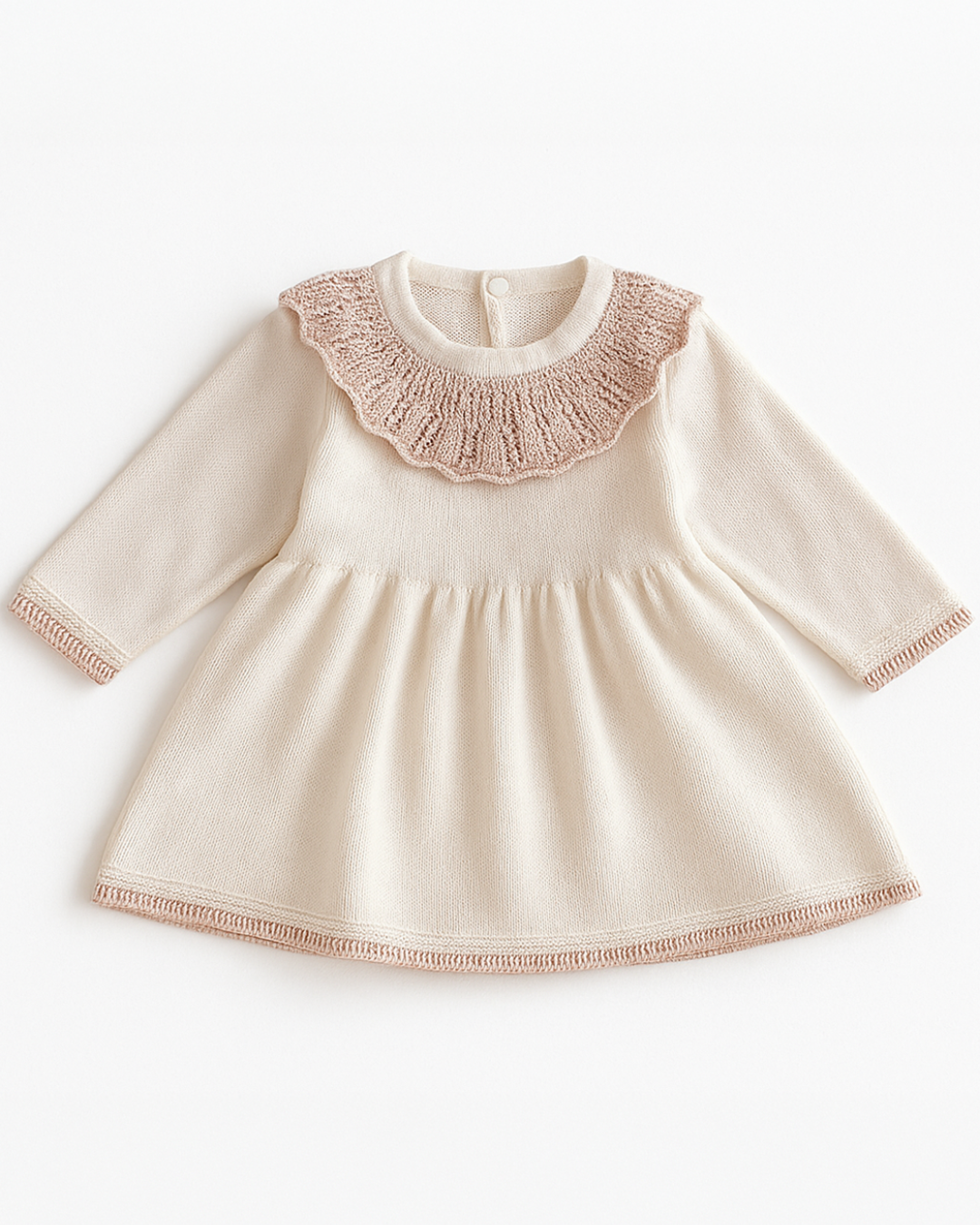 Vestido de bebê em tricot com gola babado rosado, detalhe delicado para ocasiões especiais