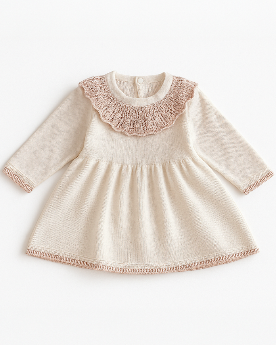 Vestido de bebê em tricot com gola babado rosado, detalhe delicado para ocasiões especiais