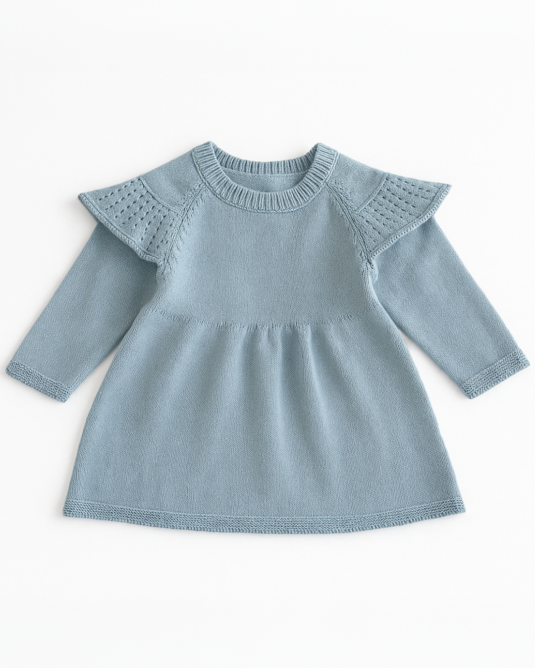Vestido de tricô azul para bebê menina com manga longa e detalhe delicado nos ombros – Élior Kids