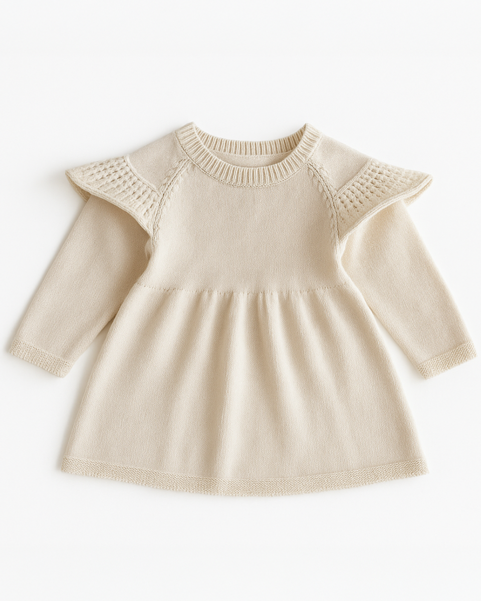 Vestido de tricô bege claro para bebê menina com mangas longas e acabamento delicado – Élior Kids