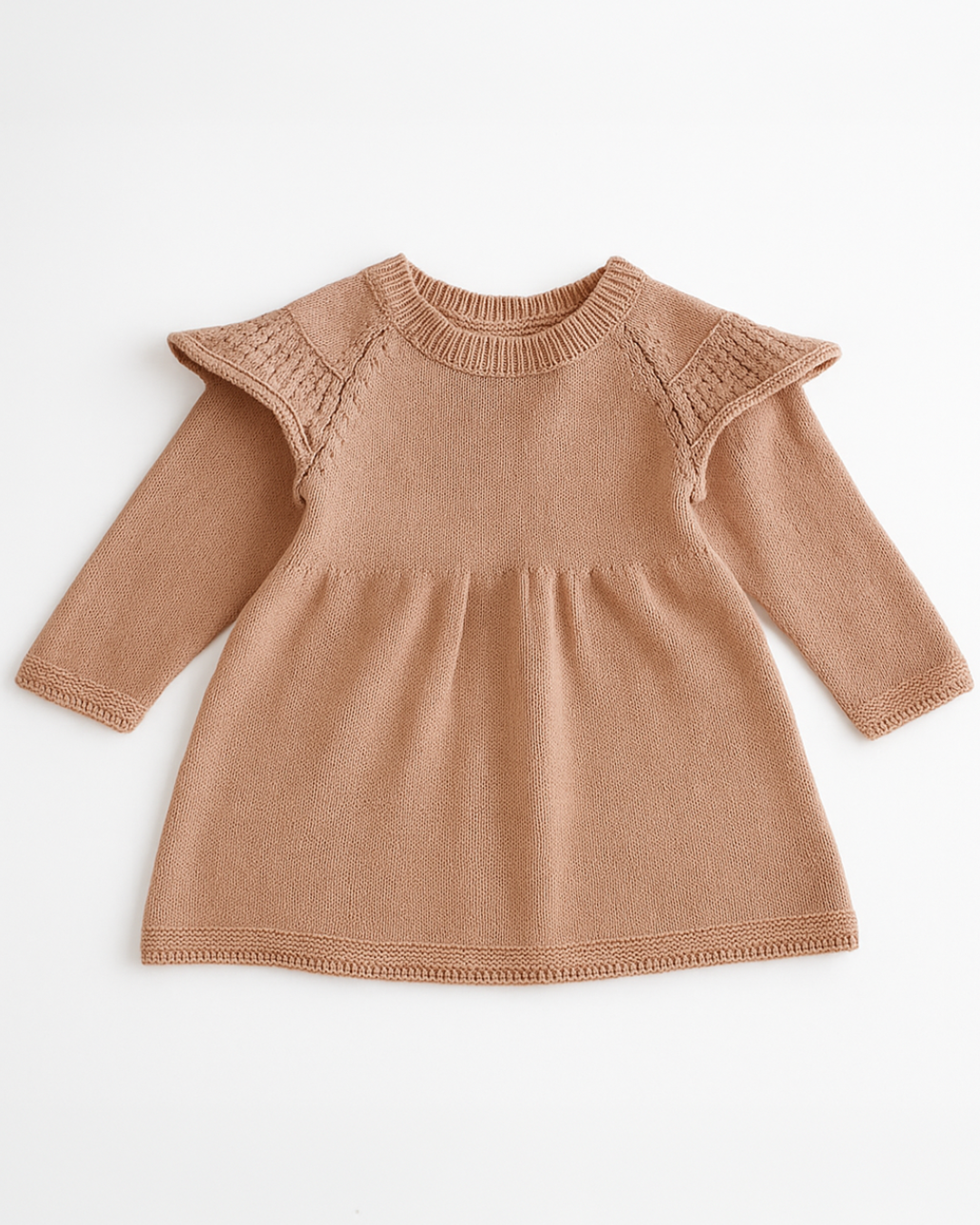 Vestido infantil de tricô rosa queimado para bebê menina com detalhe nos ombros – Élior Kids