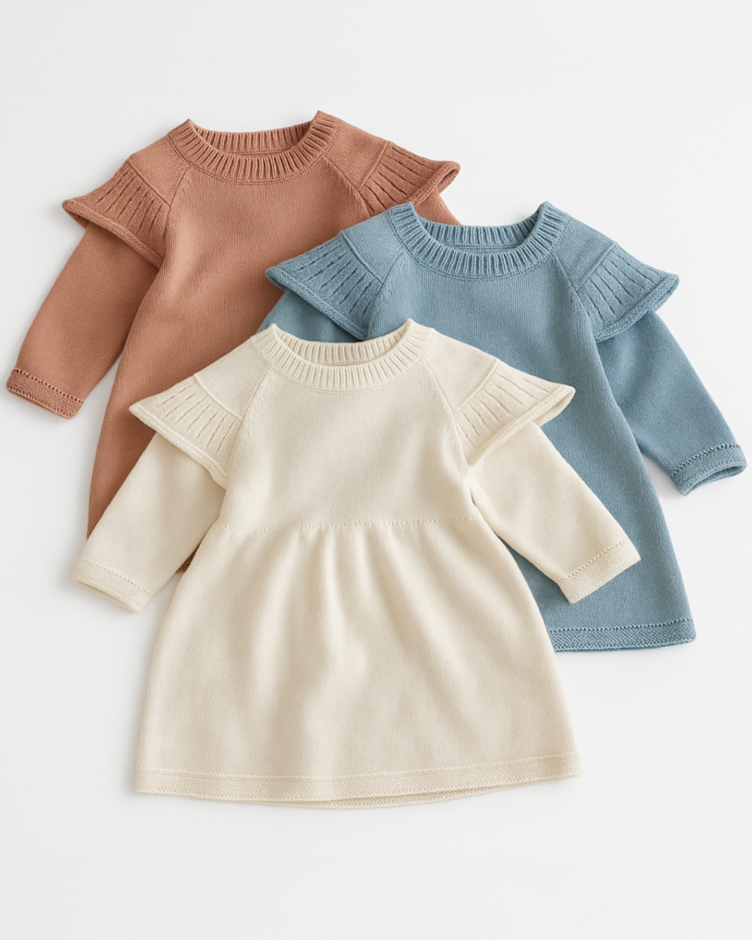 Trio de vestidos de tricô para bebê menina nas cores bege, azul e rosa queimado